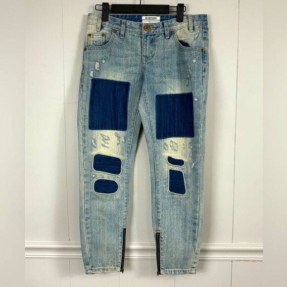 One x One Teaspoon Denim Distressed Patch Work Straight Leg Blue Jeans Size 26 - Picture 1 of 10